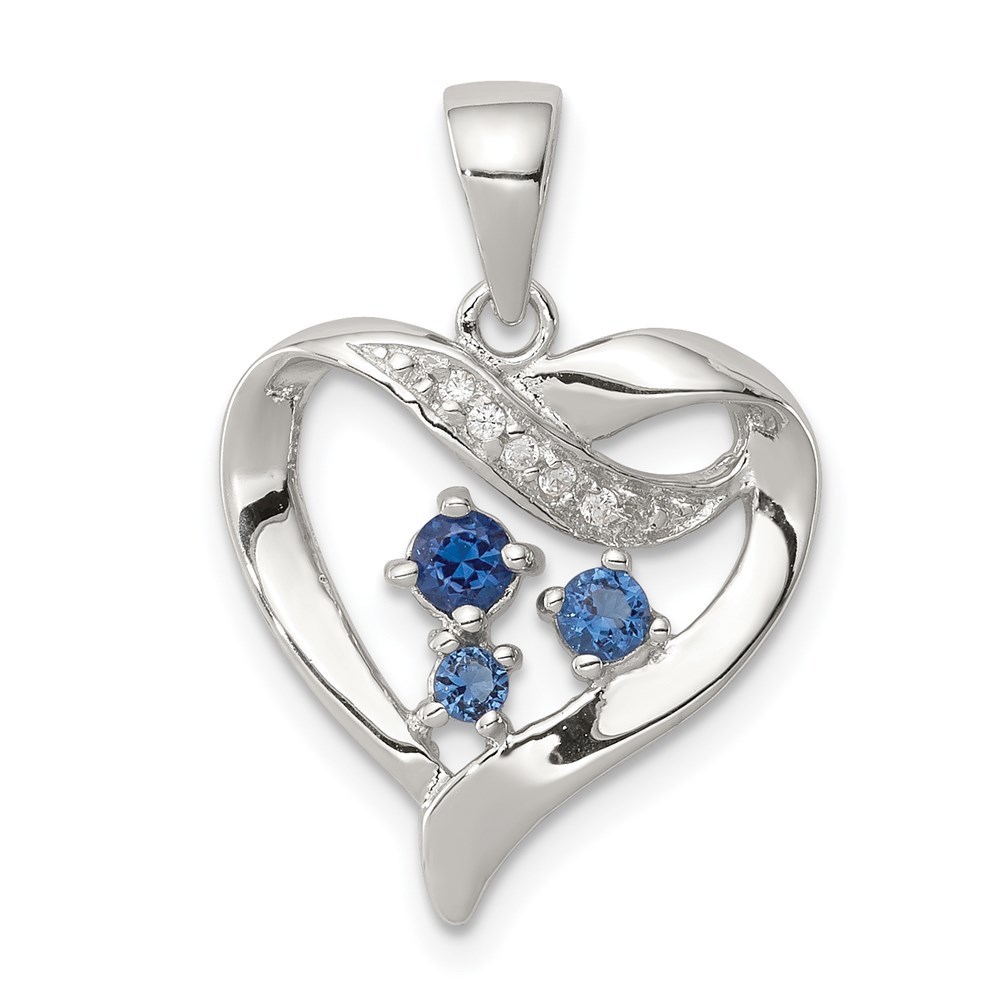 925 Sterling Silver Blue Glass and Clear CZ Heart Necklace Charm Pendant